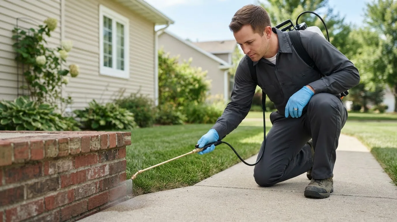 Pest control technician treating a home near Tripoli, WI